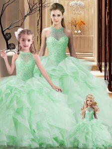 Great Brush Train Ball Gowns Sweet 16 Quinceanera Dress Apple Green Halter Top Organza Sleeveless Lace Up