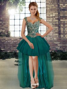  High Low Dark Green Prom Evening Gown Straps Sleeveless Lace Up