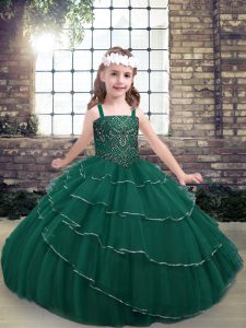 Most Popular Peacock Green Ball Gowns Straps Sleeveless Lace Floor Length Lace Up Beading Girls Pageant Dresses