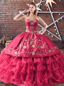 Decent Red Ball Gowns Sweetheart Sleeveless Satin and Organza Floor Length Lace Up Embroidery and Ruffled Layers 15th Birthday Dress