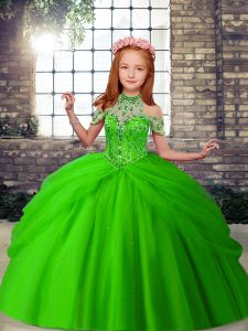 Beautiful Green Ball Gowns Halter Top Sleeveless Tulle Floor Length Lace Up Beading Little Girl Pageant Dress