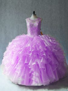 Ideal Lilac Ball Gowns Beading and Ruffles Quinceanera Dress Lace Up Organza Sleeveless Floor Length