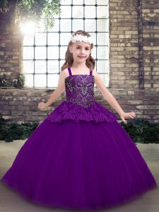 Sweet Purple Ball Gowns Beading Girls Pageant Dresses Lace Up Tulle Sleeveless Floor Length