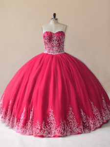 Spectacular Floor Length Red Sweet 16 Dress Tulle Sleeveless Embroidery