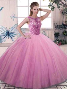 Vintage Floor Length Rose Pink Quinceanera Gowns Scoop Sleeveless Lace Up