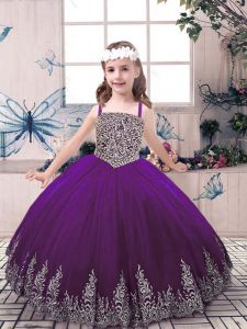  Floor Length Purple Little Girls Pageant Dress Tulle Sleeveless Beading and Appliques