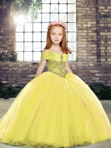  Ball Gowns Sleeveless Yellow Little Girls Pageant Dress Brush Train Lace Up