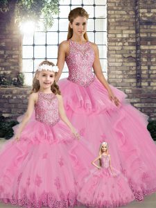 Enchanting Scoop Sleeveless Lace Up Quinceanera Gowns Rose Pink Tulle