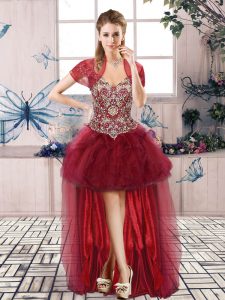 Delicate Off The Shoulder Sleeveless Lace Up Burgundy Tulle