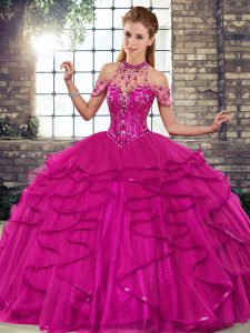 Traditional Sleeveless Tulle Floor Length Lace Up 15 Quinceanera Dress in Fuchsia with Beading and Ruffles