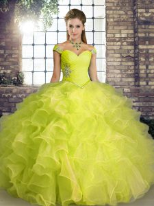 Best Beading and Ruffles Quinceanera Gown Yellow Green Lace Up Sleeveless Floor Length