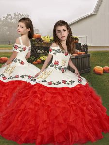 Customized Straps Sleeveless Organza Little Girl Pageant Gowns Embroidery and Ruffles Lace Up