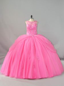  Scoop Sleeveless Tulle Ball Gown Prom Dress Beading and Appliques Brush Train Lace Up