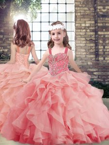  Watermelon Red Straps Neckline Beading and Ruffles Child Pageant Dress Sleeveless Lace Up