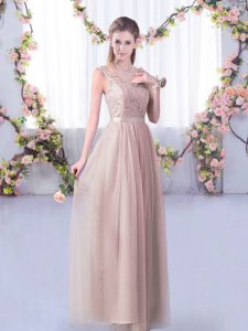 Fantastic Floor Length Side Zipper Damas Dress Pink for Wedding Party with Lace and Belt