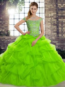 Ideal Off The Shoulder Lace Up Beading and Pick Ups Sweet 16 Dress Brush Train Sleeveless