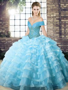  Sleeveless Organza Brush Train Lace Up Quinceanera Gown in Aqua Blue with Beading and Ruffled Layers