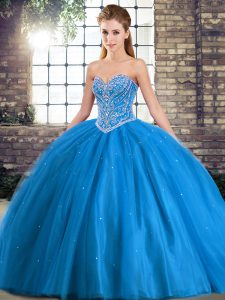 Traditional Baby Blue Lace Up Ball Gown Prom Dress Beading Sleeveless Brush Train