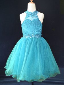  Aqua Blue Lace Up Little Girls Pageant Gowns Beading and Lace Sleeveless Mini Length