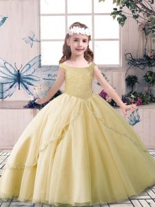 Dazzling Floor Length Lace Up Kids Pageant Dress Champagne for Party and Sweet 16 and Wedding Party with Beading