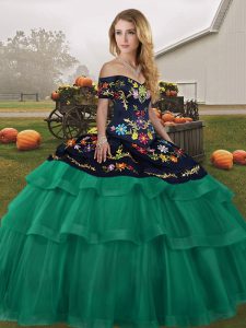 Pretty Tulle Sleeveless Quinceanera Dresses Brush Train and Embroidery and Ruffled Layers