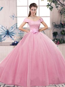 Custom Fit Rose Pink Lace Up Off The Shoulder Lace and Hand Made Flower Sweet 16 Quinceanera Dress Tulle Short Sleeves
