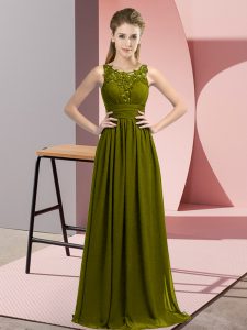 Beautiful Sleeveless Floor Length Beading and Appliques Zipper Damas Dress with Olive Green