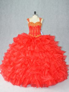 Popular Red Lace Up Sweet 16 Dress Beading and Ruffles Sleeveless Floor Length