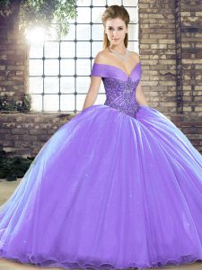 Elegant Lavender Organza Lace Up Quinceanera Dress Sleeveless Brush Train Beading