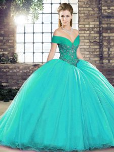  Off The Shoulder Sleeveless Ball Gown Prom Dress Brush Train Beading Turquoise Organza