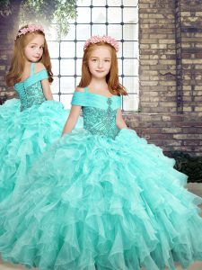 Aqua Blue Ball Gowns Organza Straps Sleeveless Beading and Ruffles Floor Length Lace Up Little Girls Pageant Dress Wholesale