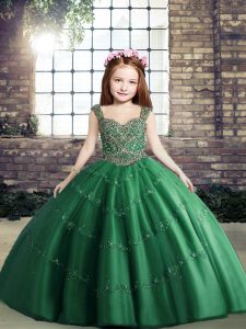 Latest Dark Green Ball Gowns Beading Little Girls Pageant Gowns Lace Up Tulle Sleeveless Floor Length
