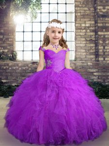 On Sale Purple Kids Pageant Dress Party and Wedding Party with Beading and Ruffles Straps Sleeveless Lace Up