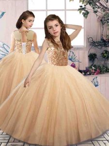 Exquisite Champagne Lace Up Little Girls Pageant Gowns Beading Sleeveless Floor Length