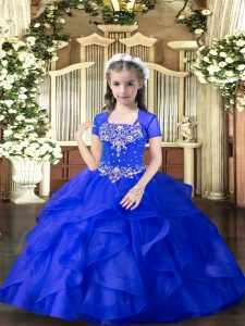 Custom Fit Royal Blue Ball Gowns Beading and Ruffles Little Girls Pageant Gowns Lace Up Tulle Sleeveless Floor Length