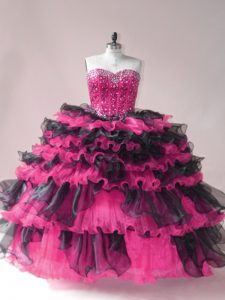 Classical Pink And Black Sweetheart Lace Up Beading and Ruffled Layers Sweet 16 Dresses Sleeveless