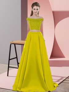  Olive Green Off The Shoulder Neckline Beading Dress for Prom Sleeveless Backless