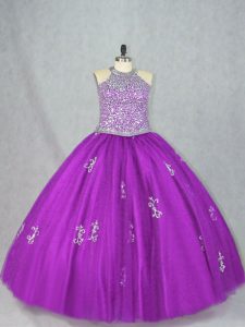  Purple Sleeveless Tulle Lace Up Quinceanera Dresses for Sweet 16 and Quinceanera