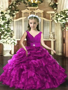  Floor Length Purple Little Girl Pageant Gowns Organza Sleeveless Beading and Ruffles and Ruching