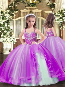  Purple Tulle Lace Up Spaghetti Straps Sleeveless Floor Length Child Pageant Dress Beading
