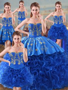 Hot Sale Royal Blue Lace Up Sweetheart Embroidery 15 Quinceanera Dress Fabric With Rolling Flowers Sleeveless