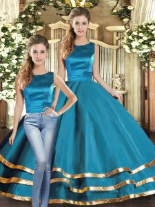  Teal Tulle Lace Up Quince Ball Gowns Sleeveless Floor Length Ruffled Layers