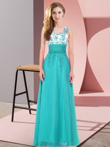  Teal Backless Quinceanera Court Dresses Appliques Sleeveless Floor Length