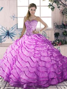 Adorable Lilac Sleeveless Brush Train Beading and Ruffles 15 Quinceanera Dress