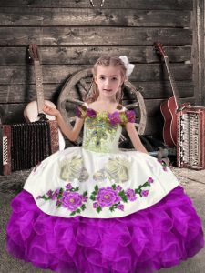  Purple Ball Gowns Off The Shoulder Sleeveless Organza Floor Length Lace Up Beading and Embroidery and Ruffles Child Pageant Dress