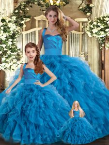 Blue Quinceanera Gown Military Ball and Sweet 16 and Quinceanera with Ruffles Halter Top Sleeveless Lace Up