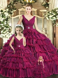  Burgundy Backless Quinceanera Gown Ruffled Layers Sleeveless Floor Length