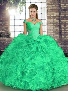 Spectacular Turquoise Organza Lace Up Off The Shoulder Sleeveless Floor Length 15th Birthday Dress Beading and Ruffles