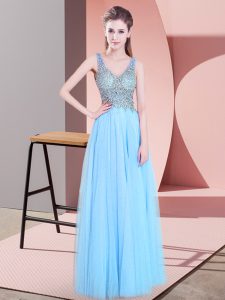 Simple Baby Blue Prom and Party with Beading V-neck Sleeveless Zipper
