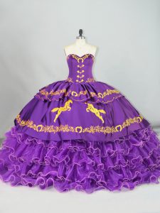 Hot Selling Purple Lace Up Quinceanera Gown Embroidery and Ruffled Layers Sleeveless Brush Train